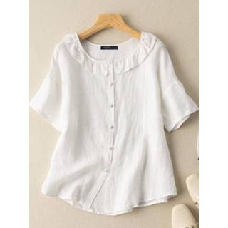 👉 Short sleeve cotton s vrouwen wit Ruffle Crew Neck Solid Button Front Blouse