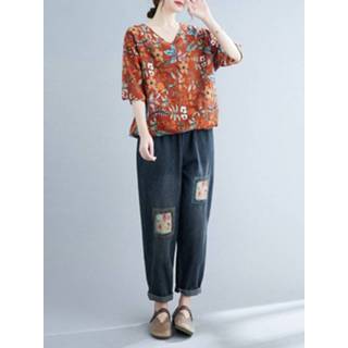 👉 Casual blouse cotton s vrouwen donkergroen Plant Print Drawstring V Neck