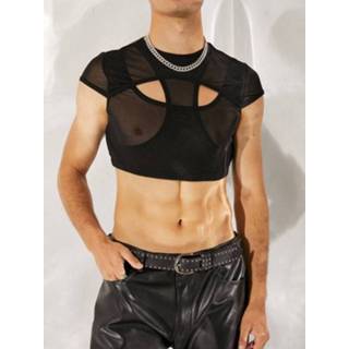 👉 Short sleeve polyester s male zwart Mens Irregular Hollow Crop Top