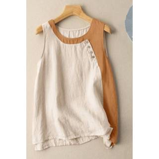 👉 Sleeveless cotton s vrouwen geel Contrasting Color Button Round Neck Casual Tank Top