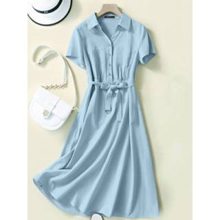 👉 Shirts korte mouw polyester s vrouwen marine Solid Pocket Button Lapel Short Sleeve Shirt Dress With Belt