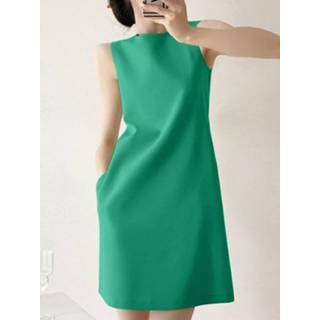 👉 Sleeveless polyester m vrouwen zwart Pocket Designed Back Zipper Cew Neck Dress