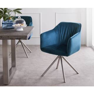 👉 Draai stoel fluweel staal blauw DELIFE Draaistoel Elda-Flex met armleuning kruisframe rond roestvrij 4251919795754