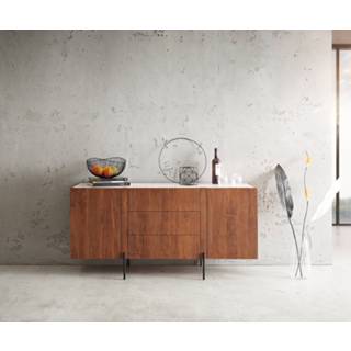 👉 Commode bruin zwart DELIFE Secara 145 cm acacia 2 deuren 3 laden marmeren pootjes 4251943846125