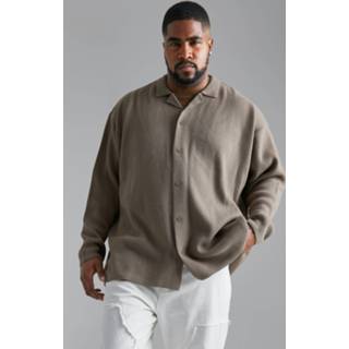 👉 Overhemd XXL taupe Plus Gebreid Geribbeld Met Revers Kraag En Lange Mouwen,