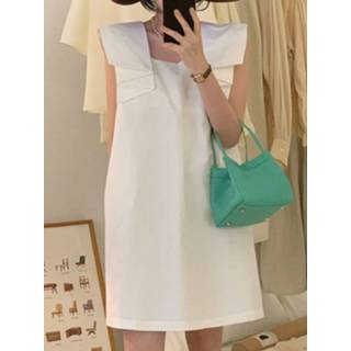 👉 Sleeveless polyester s vrouwen wit Solid Ruffle Square Collar A-line Dress