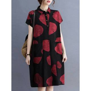 👉 Short sleeve cotton s vrouwen zwart Print Button Pocket Lapel Casual Midi Dress