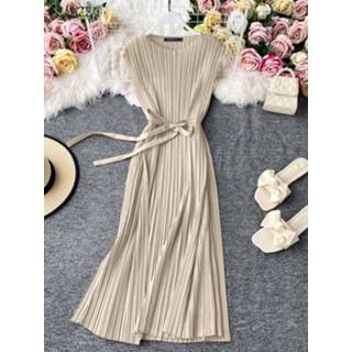 👉 Sleeveless polyester s vrouwen zwart Solid Pleated Crew Neck Casual Dress With Belt