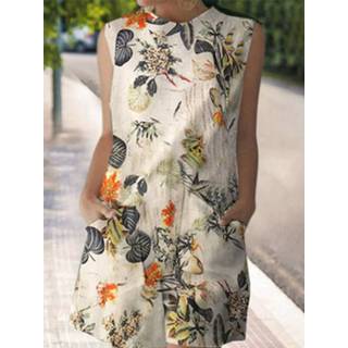 👉 Sleeveless cotton s vrouwen geel Plant Print Pocket Casual Dress