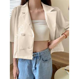 Shirt polyester s vrouwen zwart Women Double Breasted Solid Lapel Half Sleeve Blazer