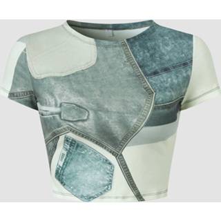 Short sleeve polyester s vrouwen blauw Vintage Contrast Crew Neck Crop Top