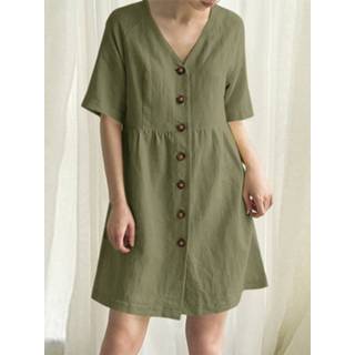 👉 Short sleeve cotton s vrouwen zwart Solid Button V-neck Casual Dress