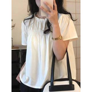 👉 Short sleeve polyester s vrouwen wit Women Solid Shirred Loose Crew Neck Blouse