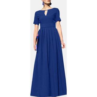 👉 Short sleeve polyester s vrouwen donkergroen Solid Pleated Notch Neck Maxi Dress With Belt