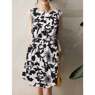 👉 Sleeveless polyester s vrouwen zwart Allover Flower Print Pocket Crew Neck Dress