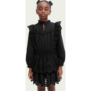 👉 Longsleeve zwart dresses meisjes Scotch & Soda Short length long-sleeve broderie anglaise tiered dress 8719027074827