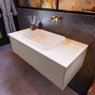👉 Badmeubel witte taupe MDF mat hangend erin wit enkel midden Mondiaz 100cm Smoke met 1 lade en wastafel zonder kraangaten 6017319040010