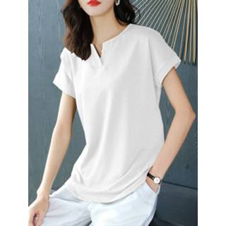 👉 Short sleeve polyester s vrouwen zwart Solid Notch Neck Casual T-shirt For Women