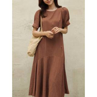 👉 Short sleeve cotton s vrouwen zwart Solid Ruffle Round Neck Casual Midi Dress