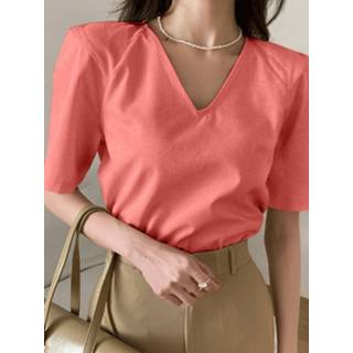 👉 Short sleeve polyester s vrouwen geel Solid V-neck Casual Blouse For Women