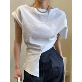 👉 Short sleeve polyester l vrouwen wit Solid Crew Neck Asymmetrical Hem Casual T-shirt