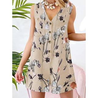 👉 Sleeveless cotton s vrouwen beige Plant Print Button Pocket V Neck Romper