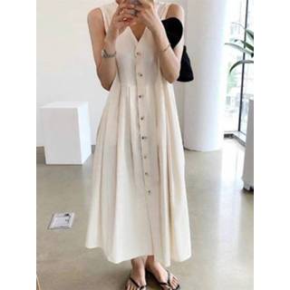 👉 Sleeveless polyester s vrouwen zwart Solid Pleated Pocket Button V-neck Casual Dress