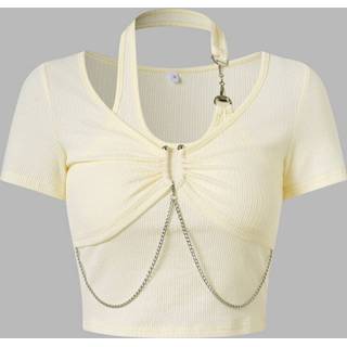 👉 Short sleeve polyester s vrouwen apricot Solid Chain Halter Ruched Crop Top