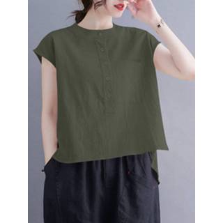 👉 Short sleeve cotton s vrouwen marine Solid Button Pocket High-Low Hem Blouse