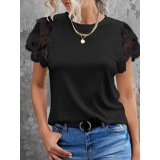 👉 Short sleeve polyester s vrouwen zwart Lace Patchwork Round Neck Casual Blouse