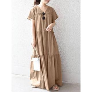 👉 Short sleeve cotton s vrouwen zwart Solid Lettuce Edge V-neck Swing Maxi Dress