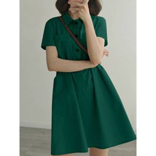 👉 Short sleeve polyester s vrouwen Dark Green Solid Color Pockets Lapel Casual Dresses