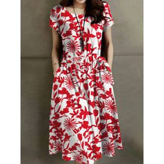 👉 Short sleeve polyester s vrouwen zwart Flower Print Drawstring Pocket Midi Dress