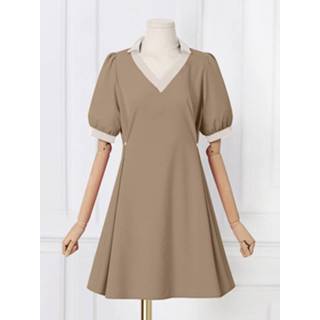 👉 Short sleeve polyester s vrouwen zwart Women Contrast A-line Lapel Casual Dress