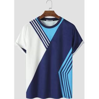 👉 Short sleeve polyester s male blauw Mens Striped Color Block Patchwork Crew Neck T-Shirts