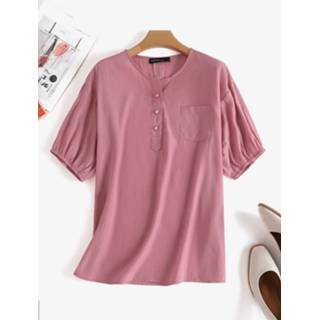 Short sleeve polyester s vrouwen wit Solid Pocket Button Front Crew Neck Blouse