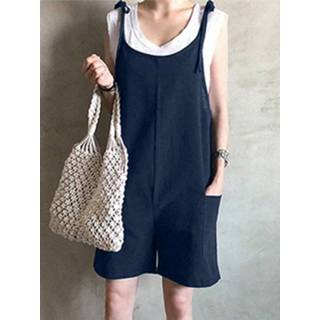👉 Sleeveless cotton s vrouwen marine Solid Knotted Pocket Casual Romper