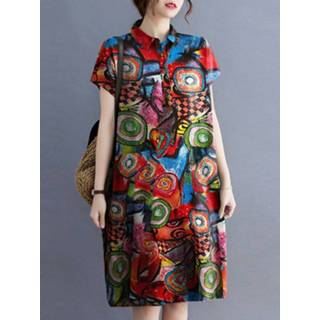 👉 Short sleeve cotton s vrouwen rood Abstract Painted Button Lapel Print Midi Dress