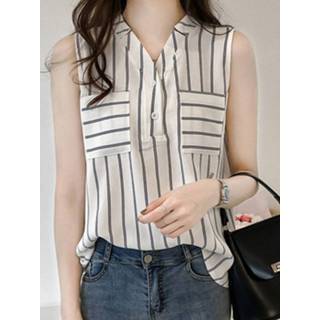 👉 Sleeveless polyester s vrouwen wit Stripe Button Pocket V Neck Casual Blouse