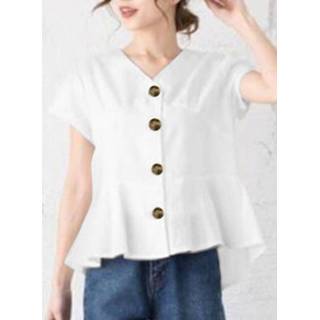 👉 Short sleeve polyester s vrouwen zwart Solid Ruffle Hem Button V-neck Blouse
