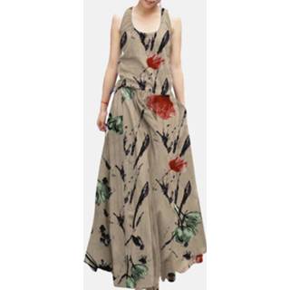 👉 Sleeveless polyester s vrouwen donkergroen Flower Print Loose Swing Pocket Maxi Dress