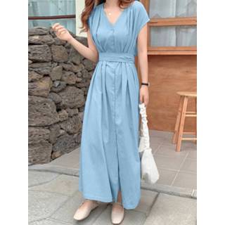👉 Short sleeve polyester s vrouwen blauw Solid Pleated V-neck Maxi Dress With Belt