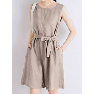 👉 Sleeveless cotton s vrouwen geel Solid Sash Pocket Round Neck Zip Casual Romper