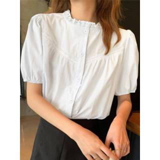 👉 Short sleeve polyester s vrouwen wit Lace Trim Stand Collar Solid Button Blouse