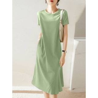 👉 Short sleeve polyester s vrouwen donkergroen Asymmetrical Hem Solid Crew Neck Casual Dress