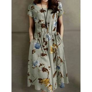 👉 Short sleeve polyester s vrouwen donkergroen Flower Print Pocket Drawstring Midi Dress