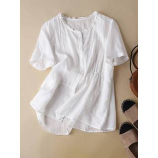 Short sleeve cotton s vrouwen wit Solid Button Front Crew Neck Loose Blouse