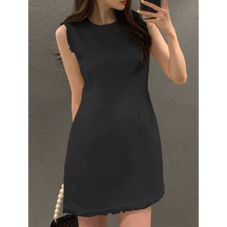 👉 Sleeveless polyester s vrouwen zwart Tassel Solid Crew Neck Women Mini Dress