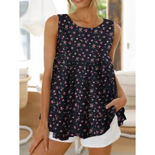 👉 Sleeveless cotton s vrouwen donkergroen Calico Ruffle Round Neck Casual Blouse