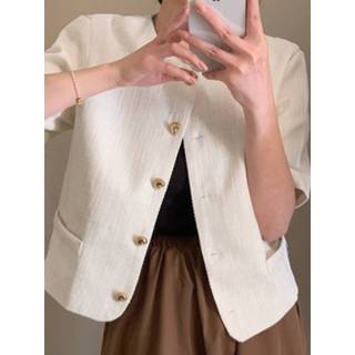 👉 Short sleeve polyester s vrouwen kaki Solid Pocket Button Front Crew Neck Jacket